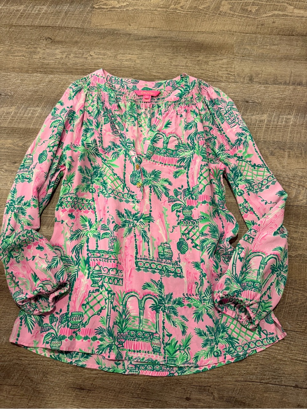 Lilly Pulitzer Pink and Green Tropical Print Peasant Blouse Elsa Silk Top